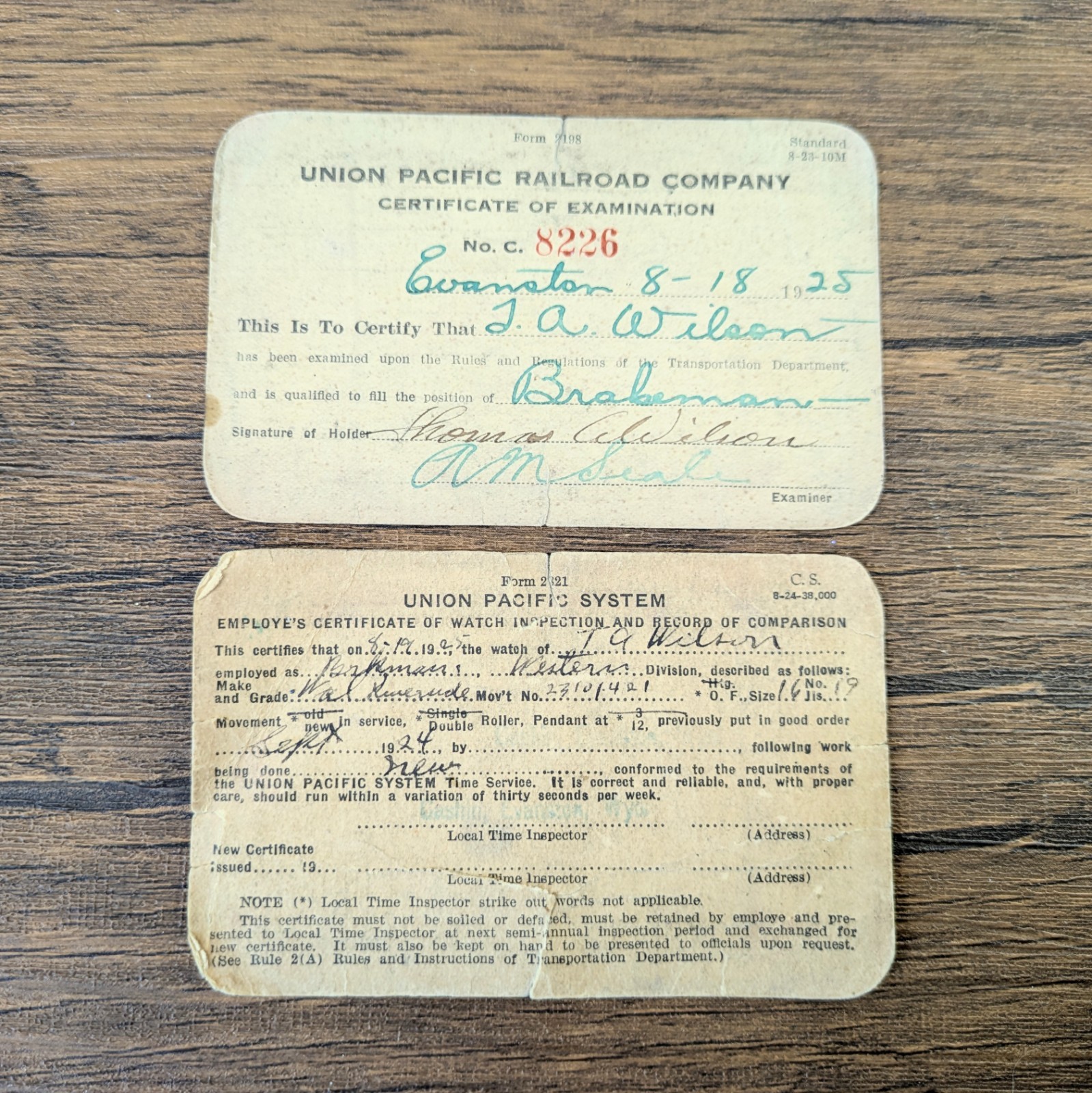 1925 Union Pacific Railroad Brakeman Certificate & Watch Inspection Card Set