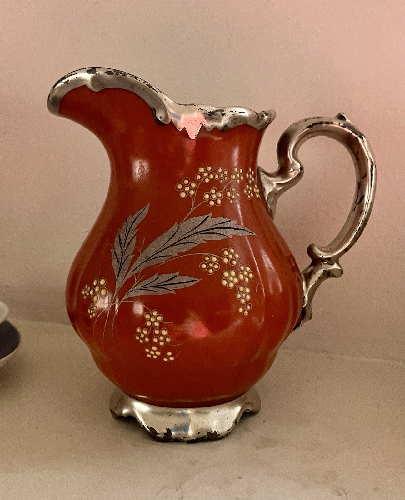 Antique  1950-60s Alka Kunst Bavarian Silver Overlay Brick Red Porcelain Pitcher