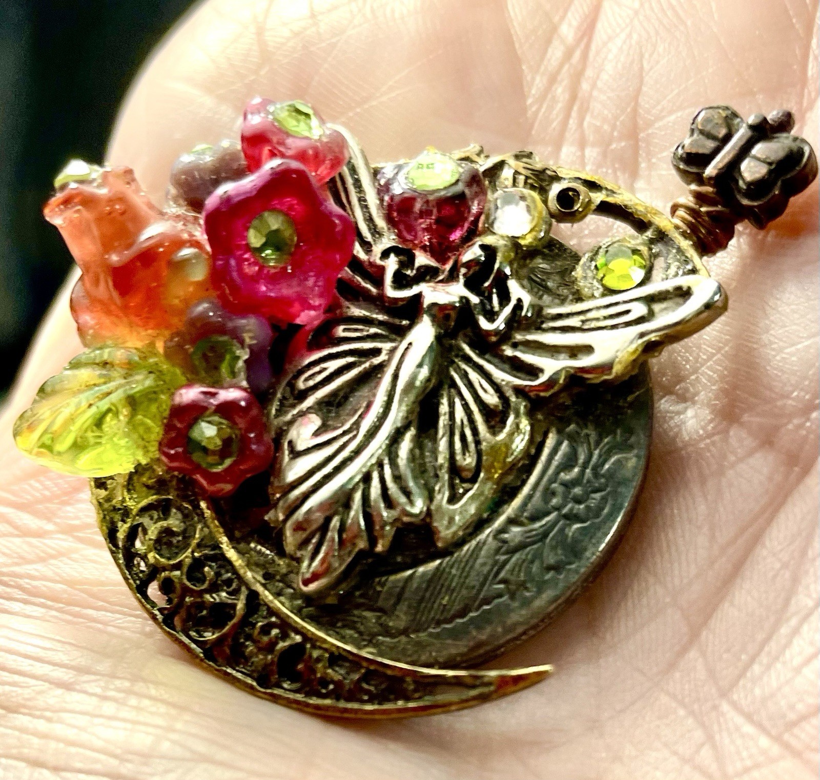 A Faerie Garden W Czech Flowers Quarter Moon On A Pendant OOAK LOCKET Gorgeous A Faerie Garden W Czech Flowers Quarter Moon On A Pendant OOAK LOCKET Gorgeous