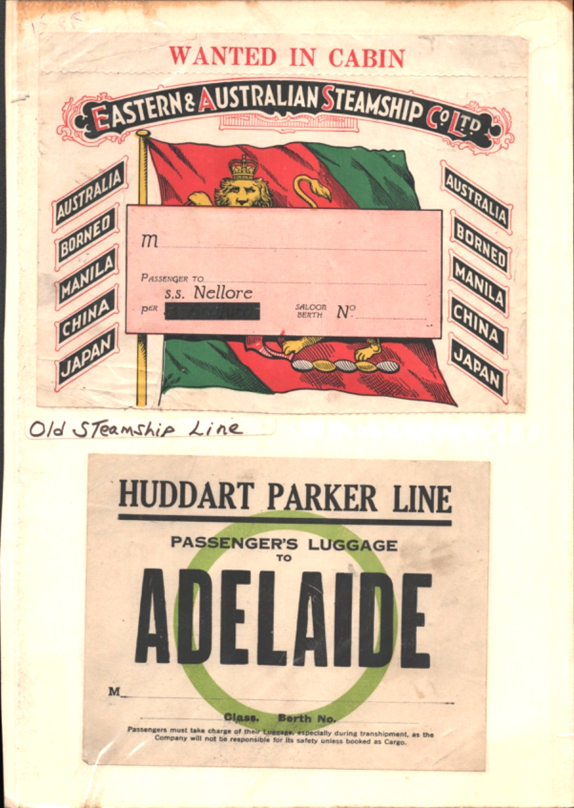 1910s EASTERN & AUSTRALIAN STEAMSHIP CO. two luggage labels HUDDART PARKER LINE 1910s EASTERN & AUSTRALIAN STEAMSHIP CO. two luggage labels HUDDART PARKER LINE