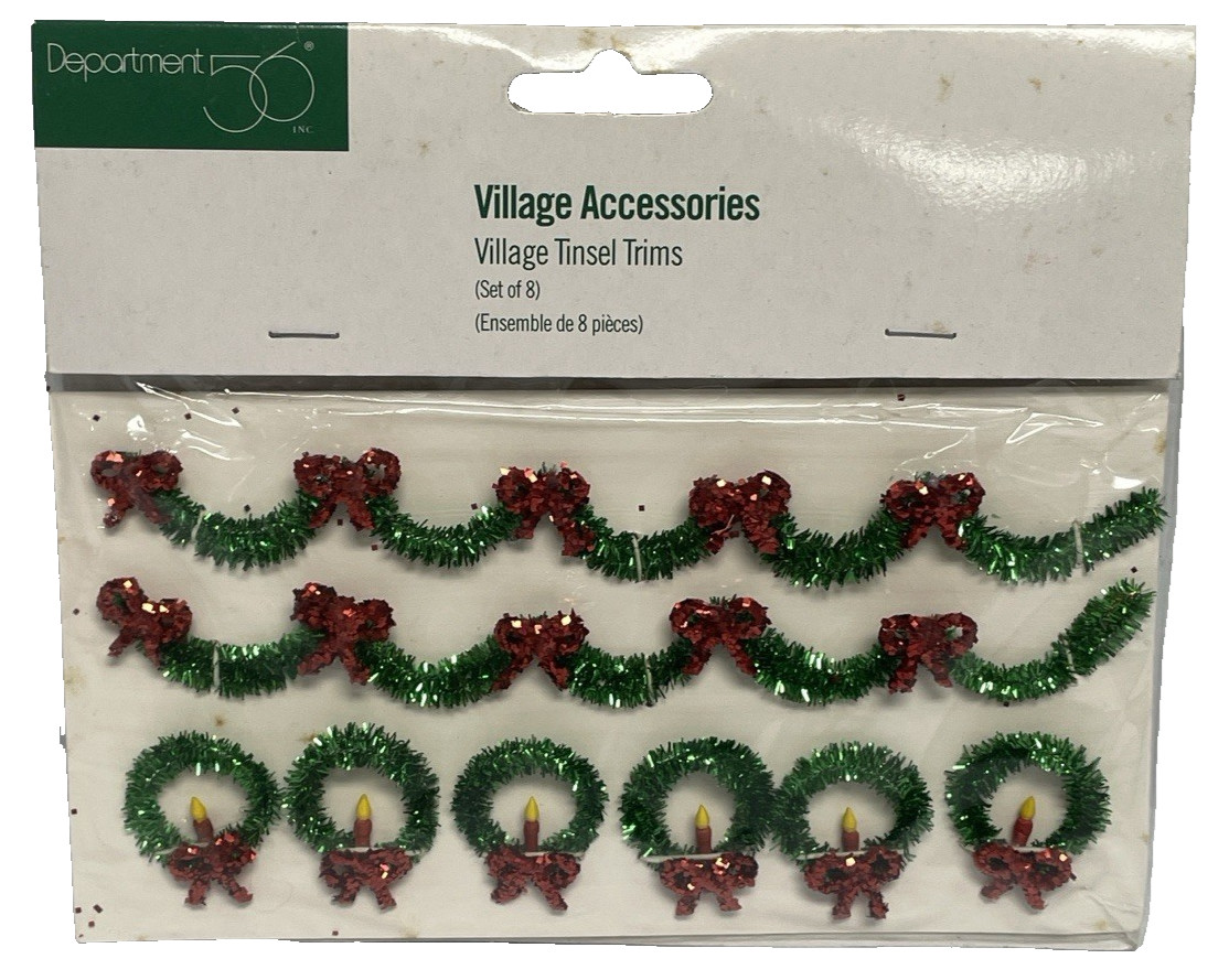 New Vtg Dept 56 Christmas Village Mini Tinsel Trim Garland Wreath w/ Red Bow 8pc