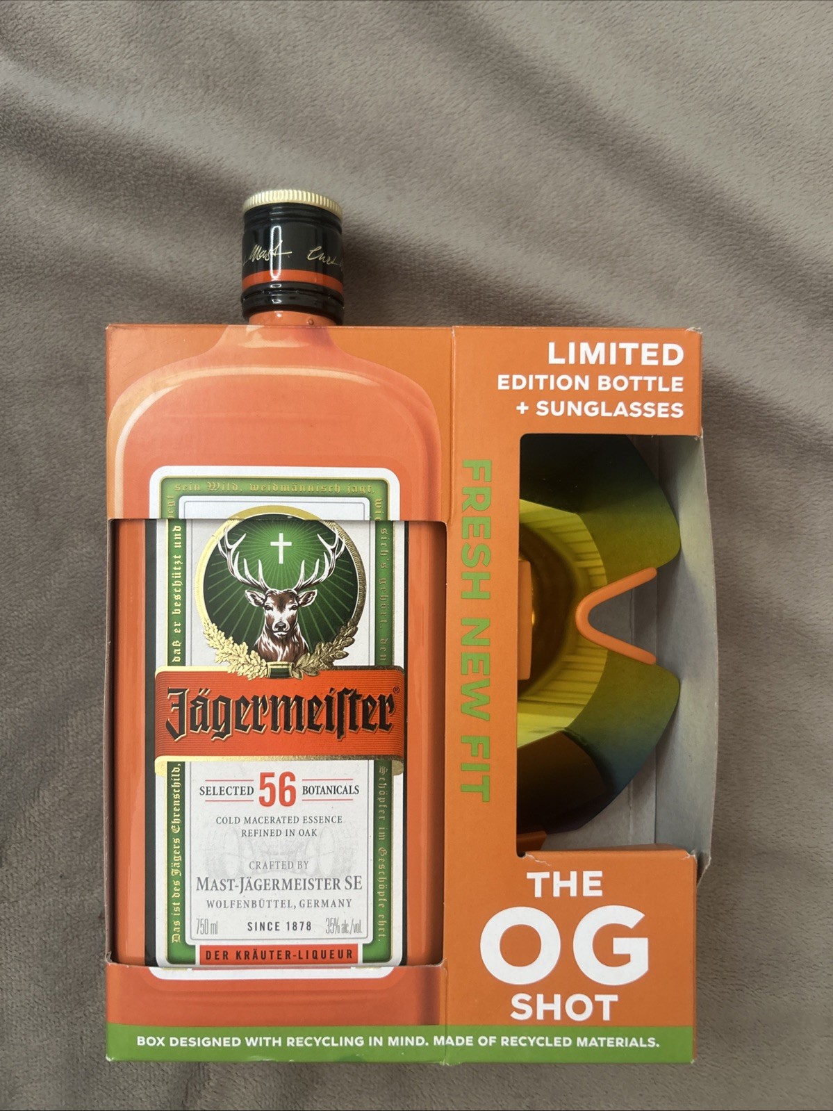 Limited Edition Orange Jägermeister Bottle and OG Sunglasses 750 ml (EMPTY) Limited Edition Orange Jägermeister Bottle and OG Sunglasses 750 ml (EMPTY)