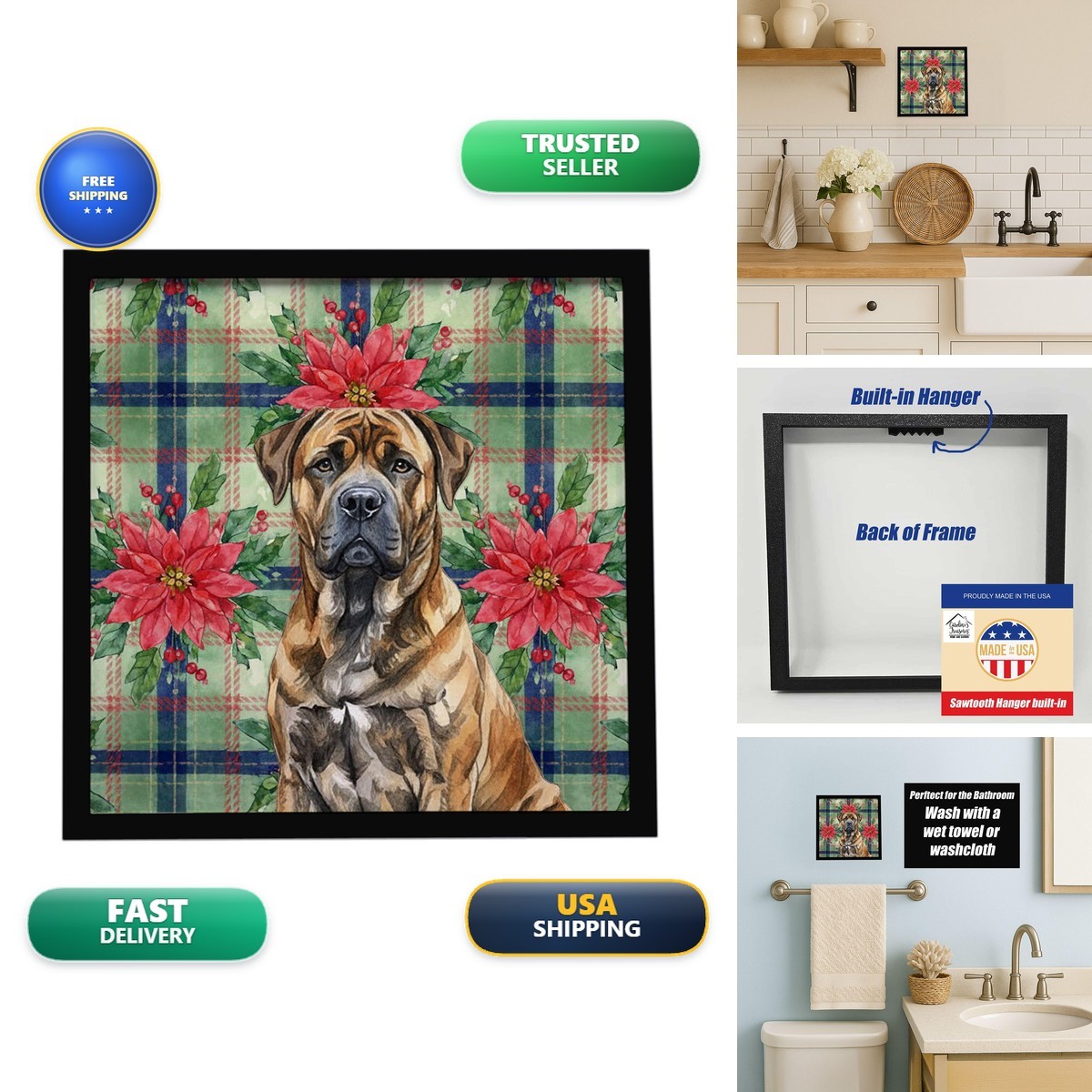 Caroline's Treasures Brindle Boerboel Poinsettias Framed Metal Print 8X8 Caroline's Treasures Brindle Boerboel Poinsettias Framed Metal Print 8X8