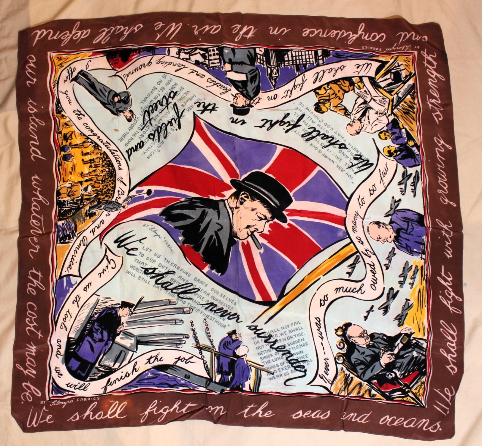 WWII Winston Churchill Propaganda Scarf by Filmya Fabrics (Arnold Lever) c. 1943 WWII Winston Churchill Propaganda Scarf by Filmya Fabrics (Arnold Lever) c. 1943