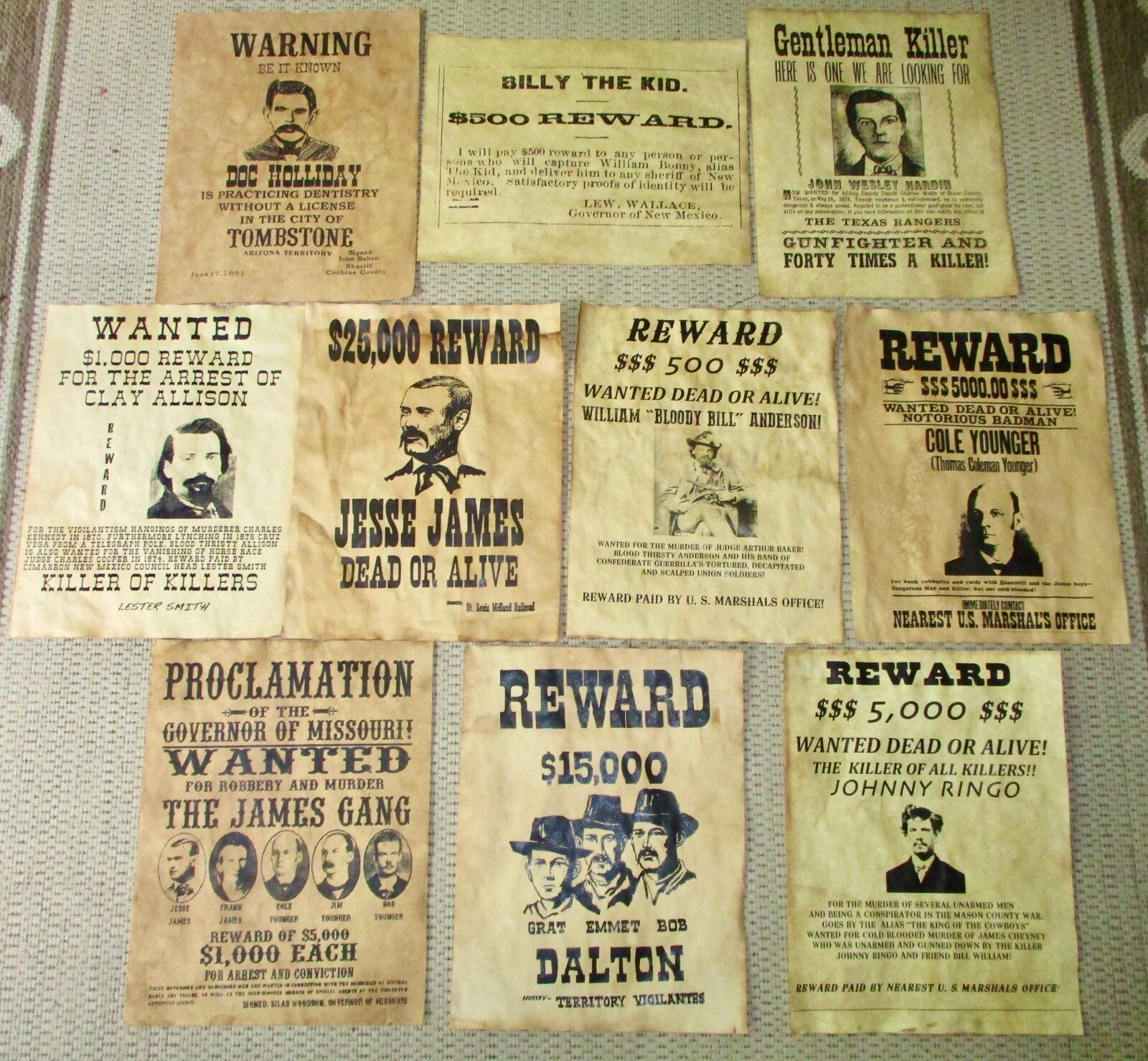 Jesse James Gang Wanted Old West Reward Posters Billy the Kid Doc Holliday Ringo
