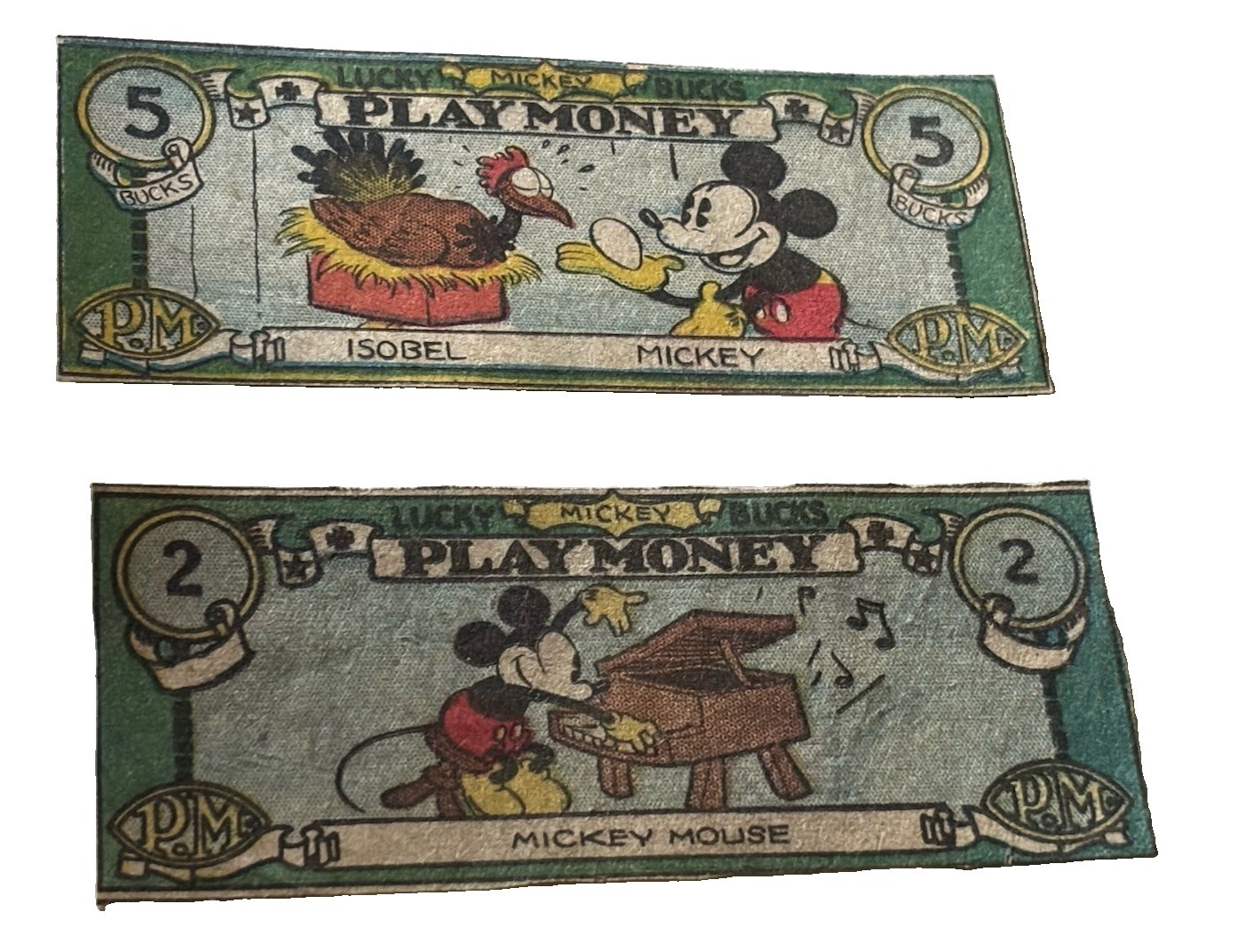 Disney Lucky ‘Mickey’ Bucks 1930s Lucky Bucks Play Money Paper Comic X 2
