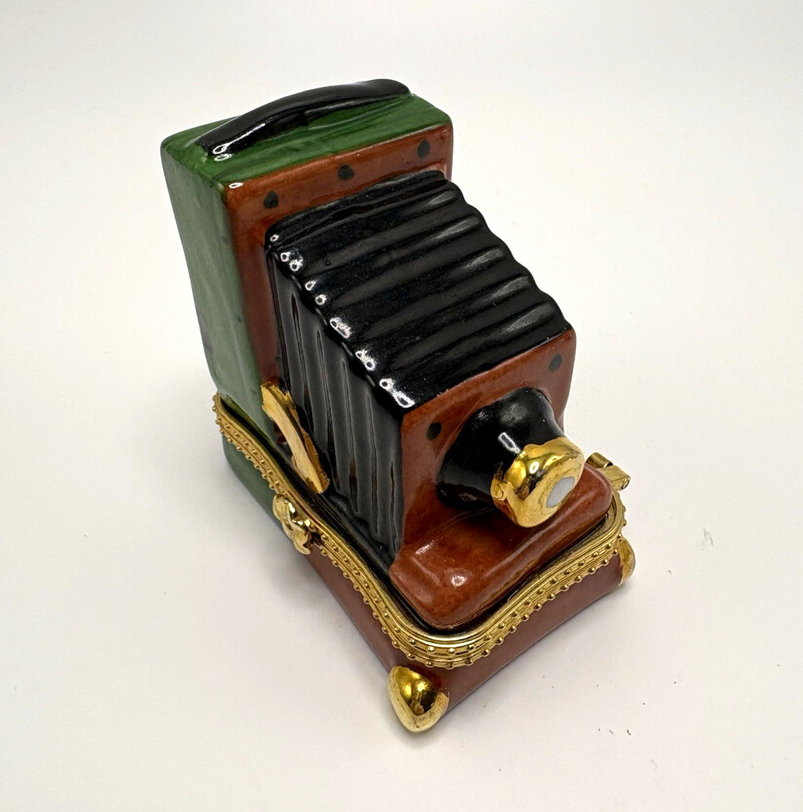 Vintage Limoges-style Porcelain Camera Shaped Trinket Box with Hinge