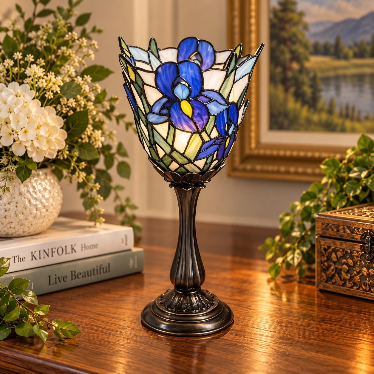 RARE Vintage Partylite Blue Iris Stained Glass Candle Holder Beautiful Color