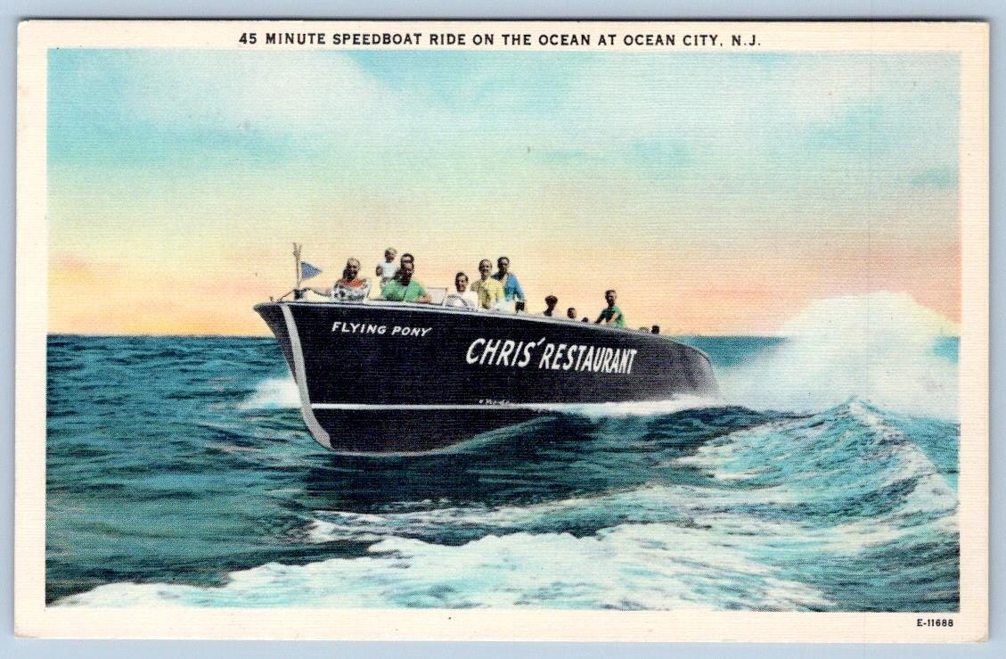 1940-60's CHRIS' RESTAURANT SPEEDBOAT RIDE FLYING PONY OCEAN CITY NJ POSTCARD