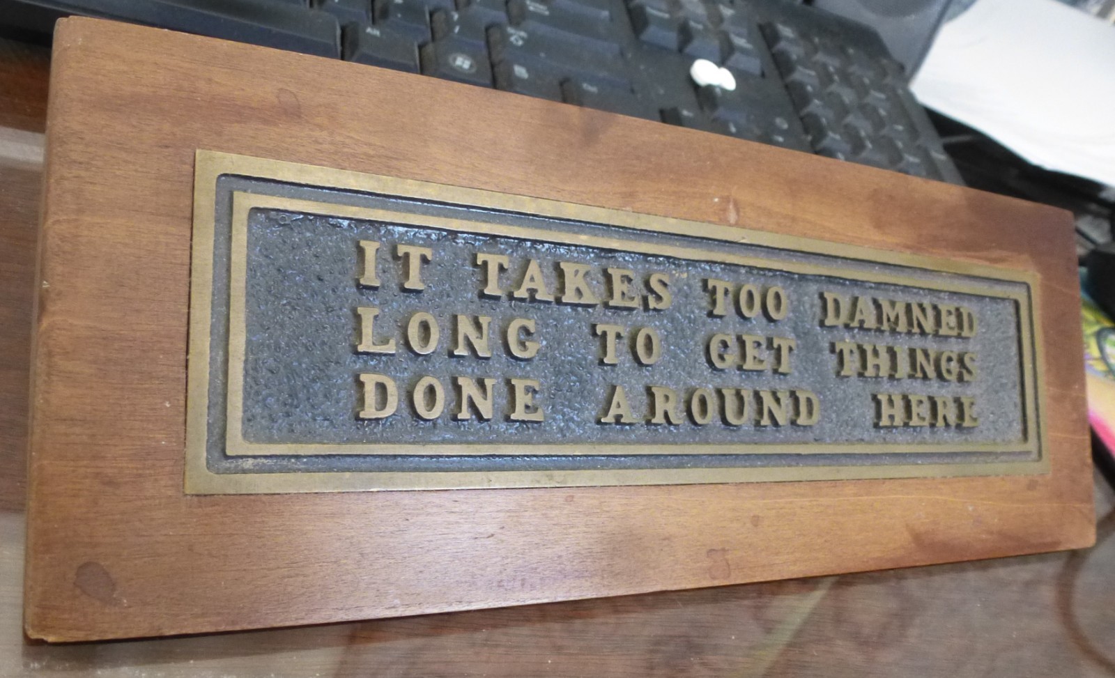 Vintage desk plaque inspirational quote bronze and wood