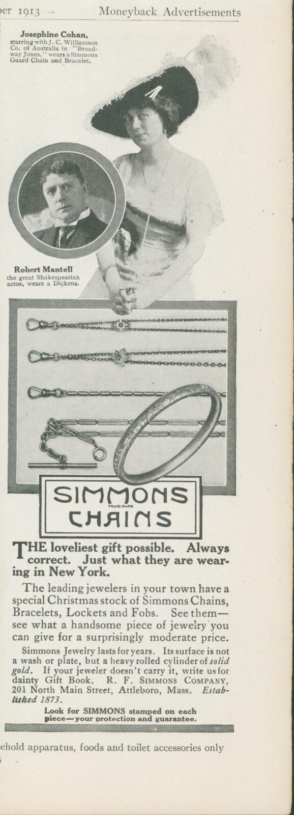 1913 Simmons Chains Josephine Cohan Robert Mantell Actor Gift Book Offer Ad GH3