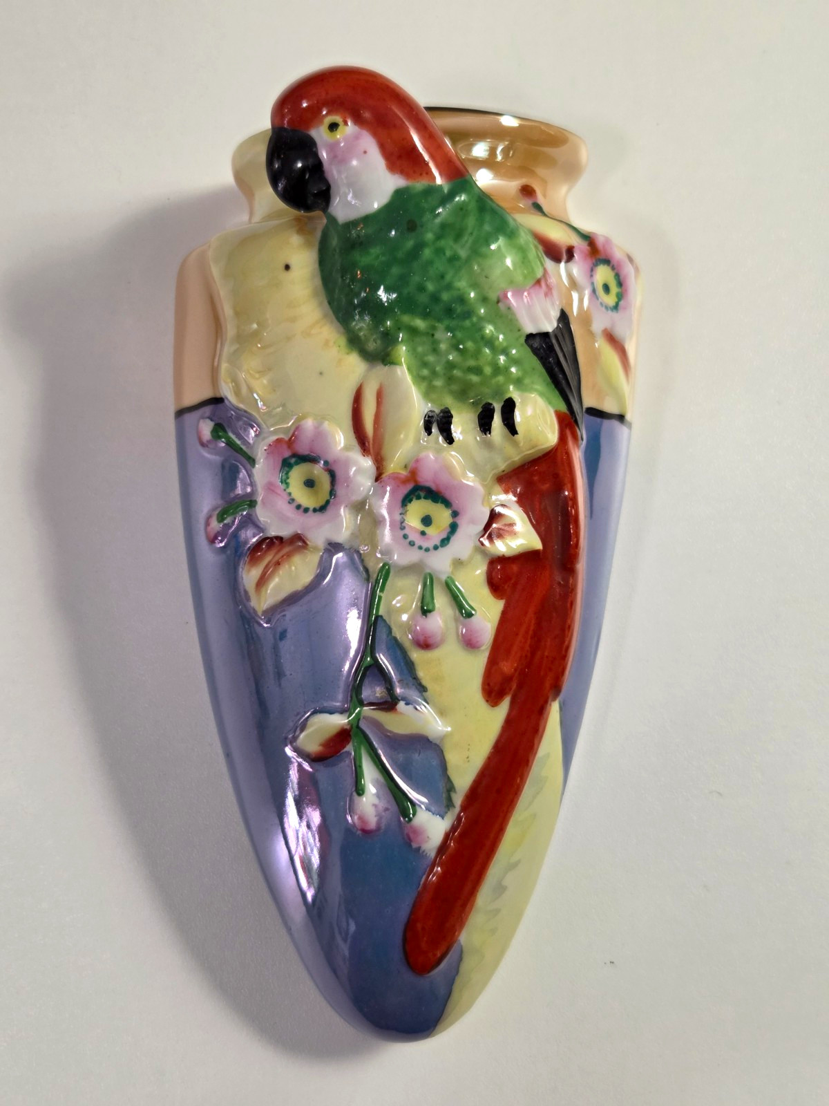 Vintage Lusterware Made in Japan Wall Pocket Vase Parrot & Floral Design Vintage Lusterware Made in Japan Wall Pocket Vase Parrot & Floral Design