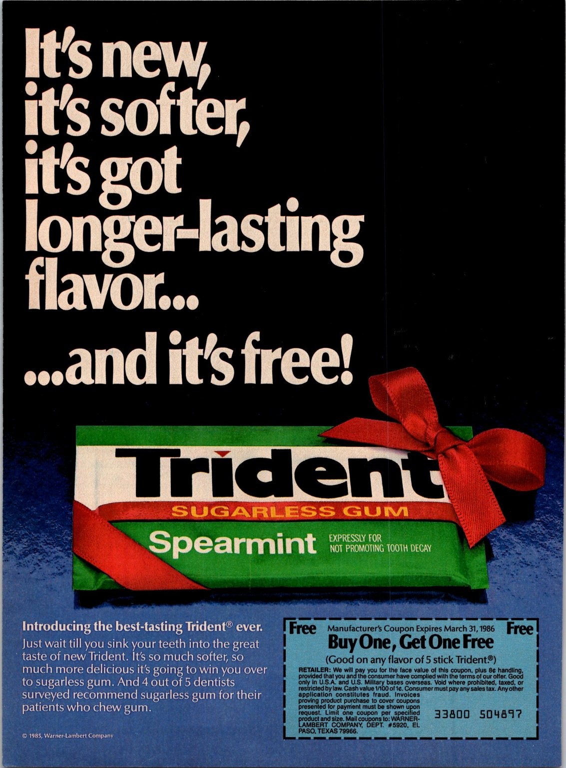 Trident Sugarless Gum Vintage Print Ad Poster Spearmint 1985 Buy One Get One Trident Sugarless Gum Vintage Print Ad Poster Spearmint 1985 Buy One Get One