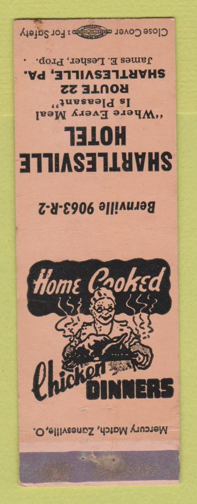 Matchbook Cover - Shartlesville Hotel PA James Lesher Matchbook Cover - Shartlesville Hotel PA James Lesher