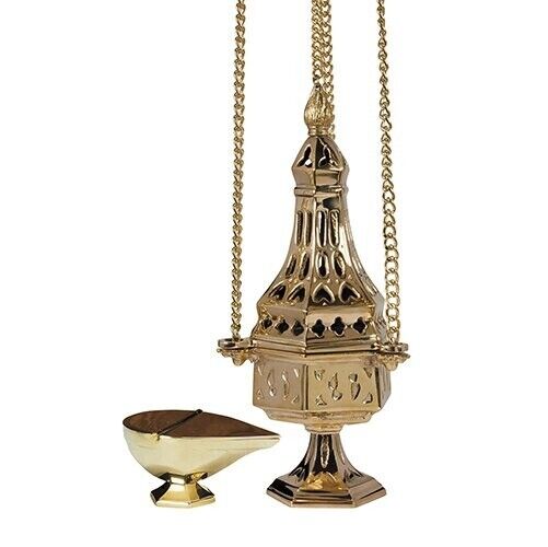 Ornate Brass Hanging French Censer With Boat For Church or Sanctuary 11 In
