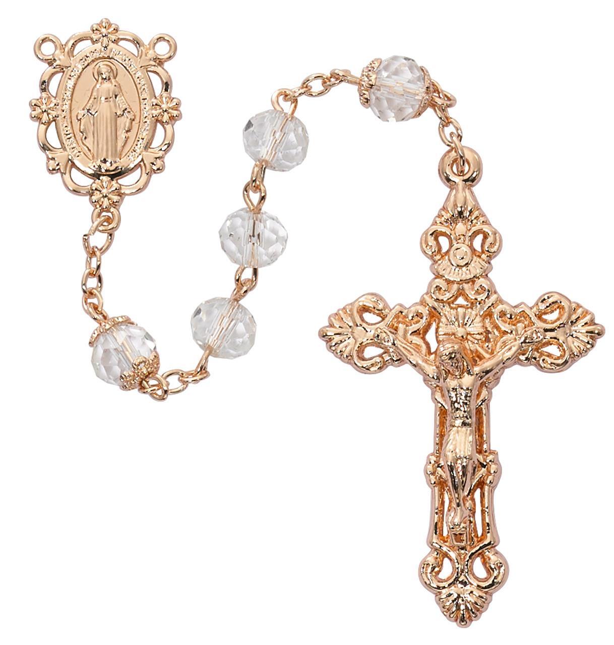 8mm Rhinestone Rose Gold Tone Rosary Comes Boxed