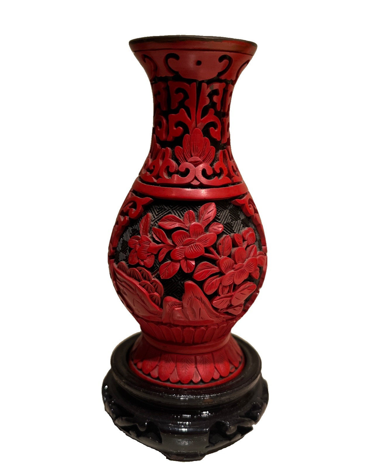 Gorgeous Vtg  Chinese Carved Black & Red Lacquer Cinnabar Lotus Flower Vase