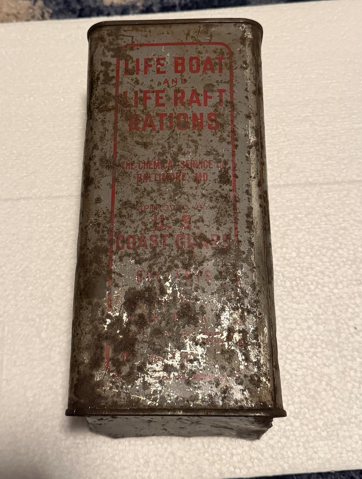 Vintage 1943 WWII US Coast Guard Lifeboat Raft Ration Tin Chem Service Co Empty