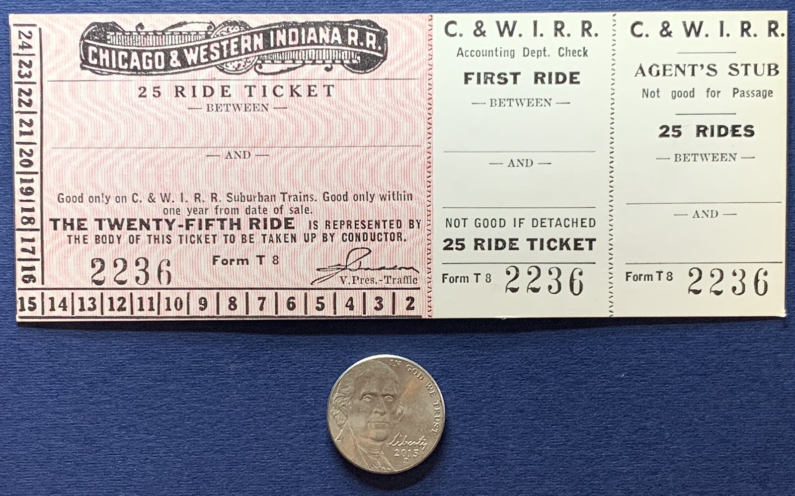 RARE BLANK 25 RIDE TRAIN TICKET CHICAGO & WESTERN INDIANA RR #2236 RED AND WHITE