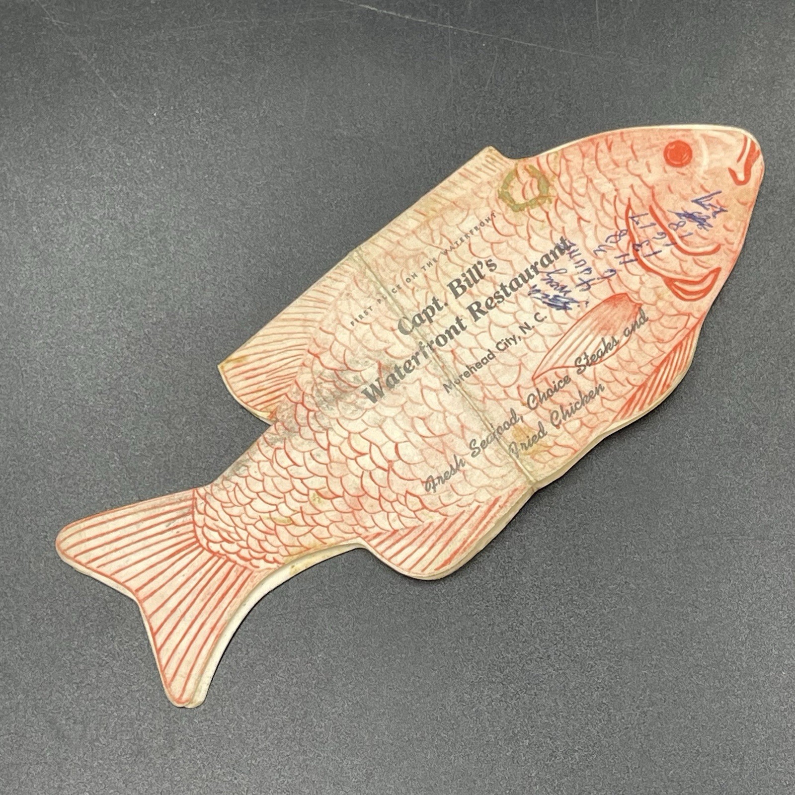 Vintage Morehead City NC Capt Bills Waterfront Restaurant Menu Fish Shaped Vintage Morehead City NC Capt Bills Waterfront Restaurant Menu Fish Shaped