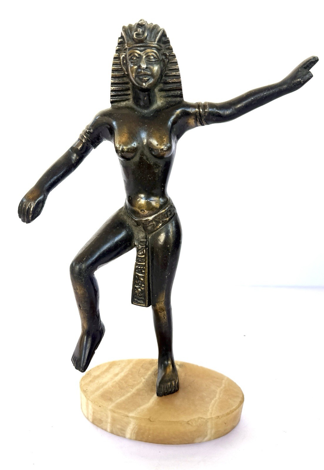 Vintage Egyptian Revival Metal Figure Statue Marble Stone Base 10” Decor