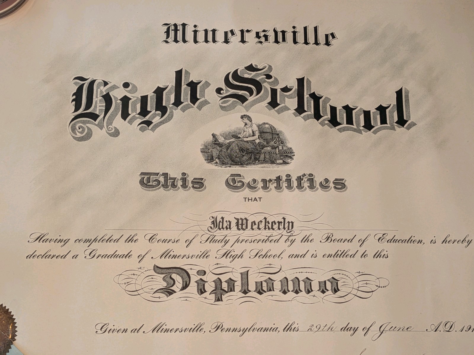 Vintage 1917 Dated High School Diploma W/ Seal Minersville, PA Vintage 1917 Dated High School Diploma W/ Seal Minersville, PA
