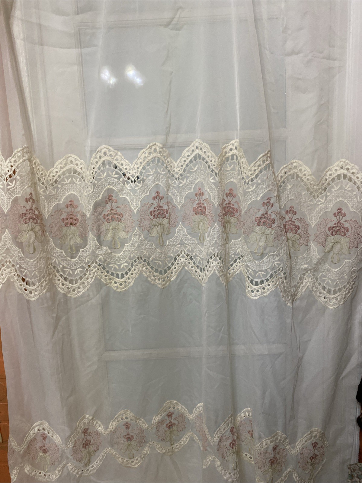 Vtg Large Sheer Curtain Lace Pink Embroidery 58”x 82” Vtg Large Sheer Curtain Lace Pink Embroidery 58”x 82”