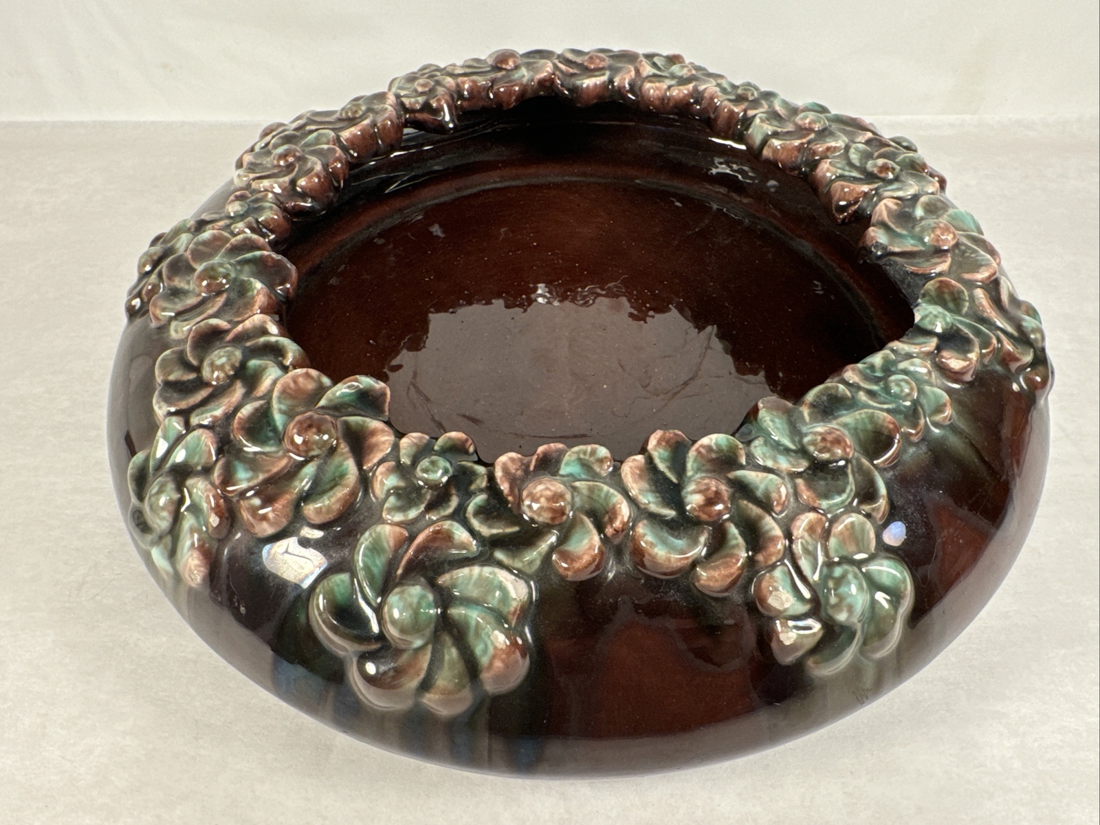Royal Haeger Floral Drip Glaze Planter R224 12in Round Drip Mid Century Pottery