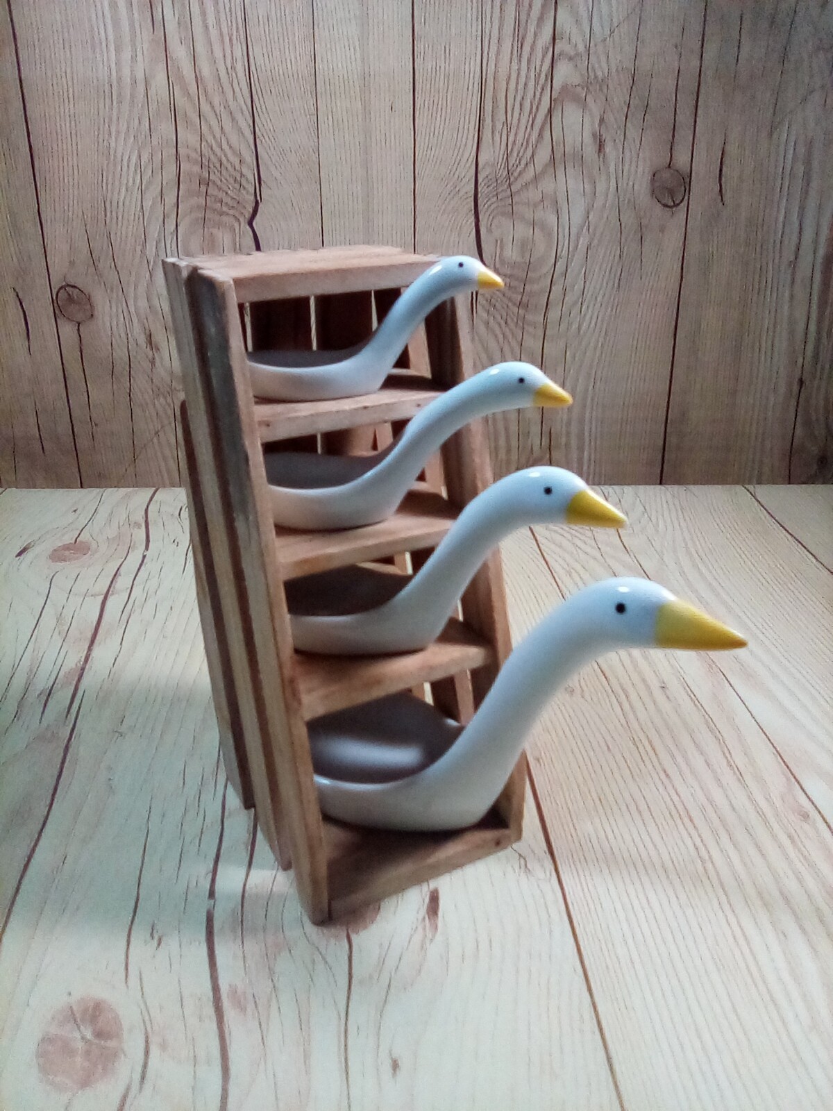 Vintage Avon Ceramic Geese Measuring Spoons with Original Wood Stand