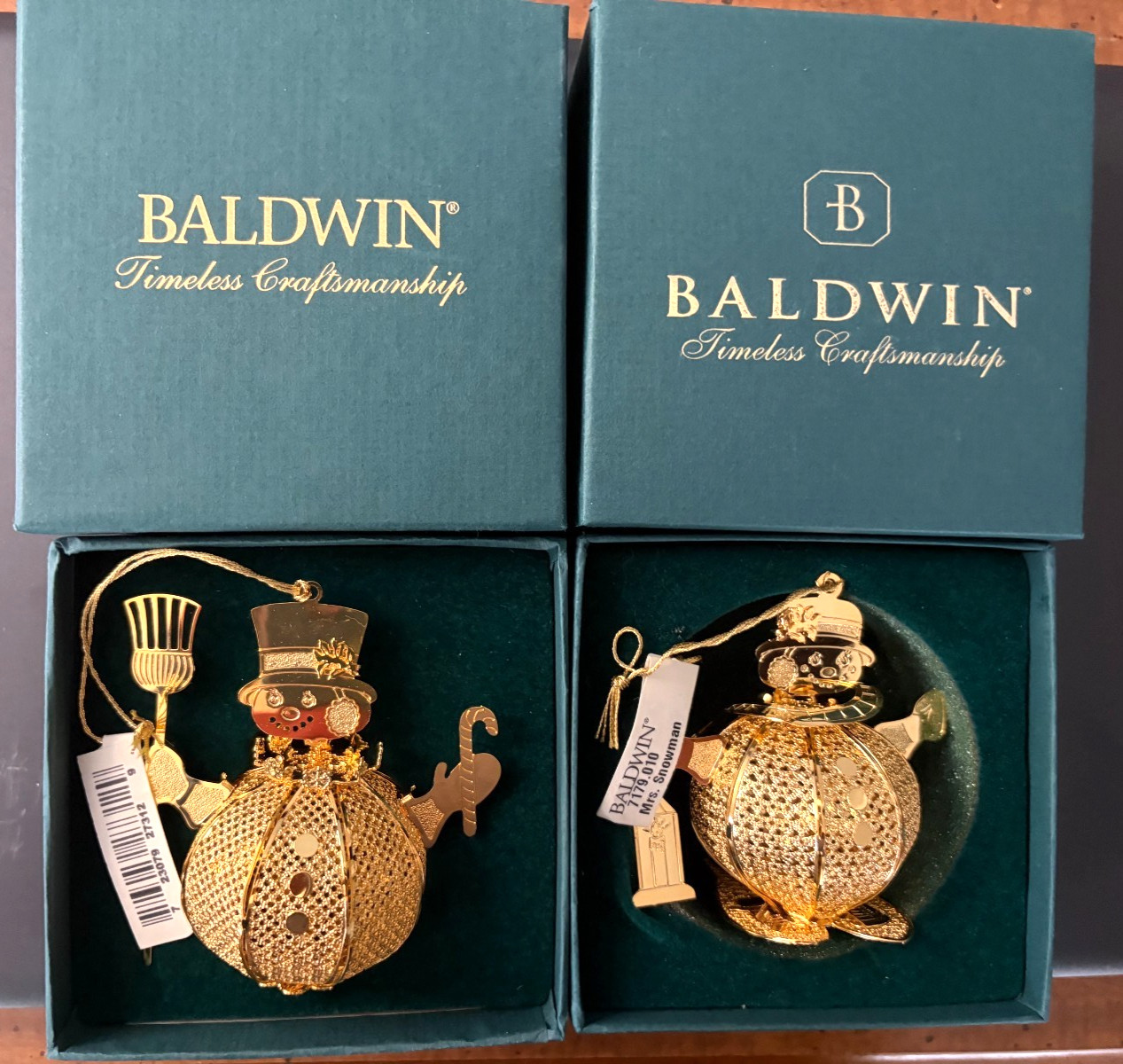 NIB Vintage 1998 Baldwin Brass Ornaments Set Mr. & Mrs. Snowman 24K Gold NIB Vintage 1998 Baldwin Brass Ornaments Set Mr. & Mrs. Snowman 24K Gold
