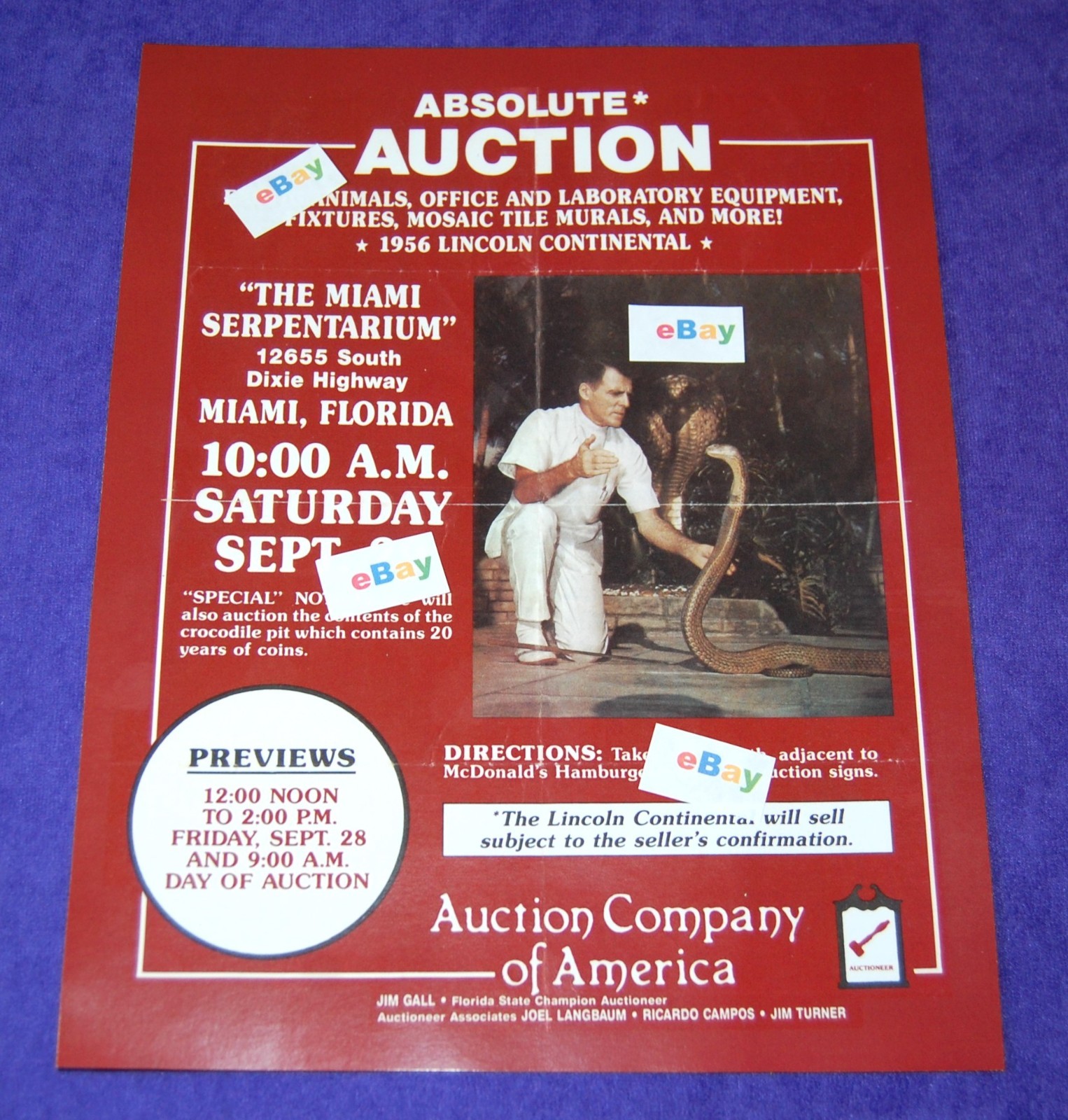 REPRODUCTION FLYER THE MIAMI SERPENTARIUM WHEN ALL OF THE ANIMALS WERE AUCTIONED