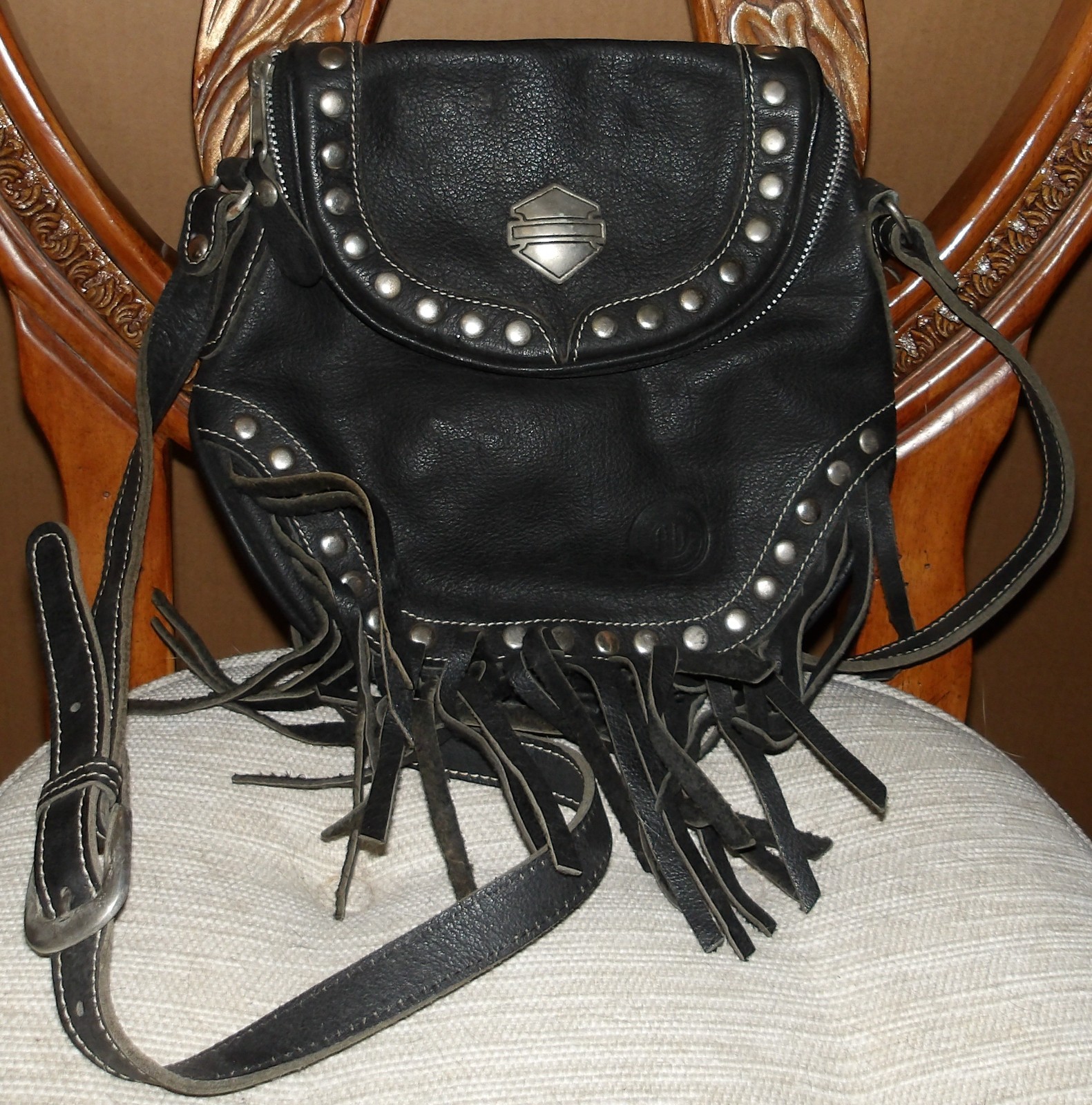 Harley Davidson Black Fringed Studded Leather Handbag Pocketbook 9.5\