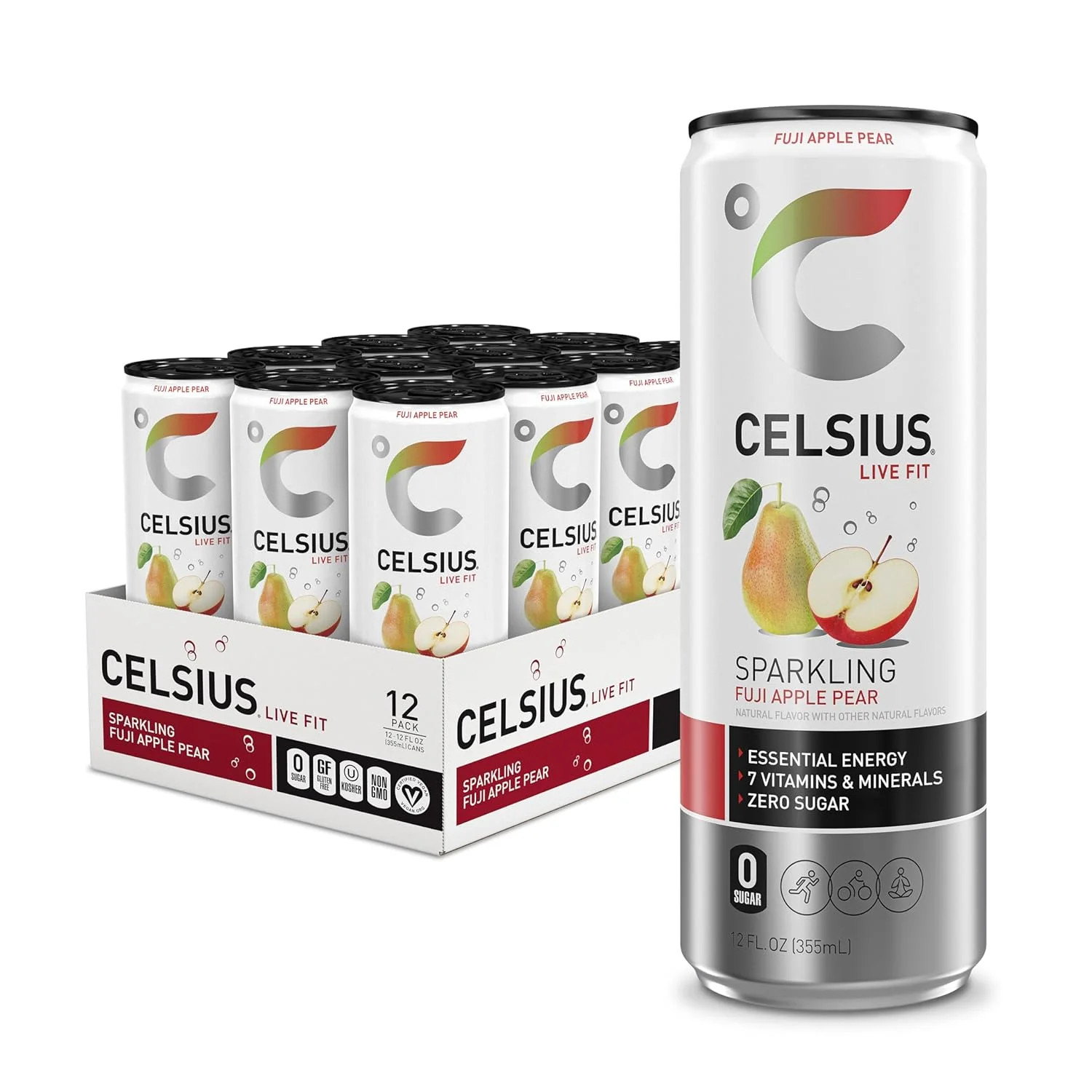 CELSIUS Sparkling Fuji Apple Pear, Sugar Free Energy Drink, 12 Fl Oz (Pack of 12 CELSIUS Sparkling Fuji Apple Pear, Sugar Free Energy Drink, 12 Fl Oz (Pack of 12