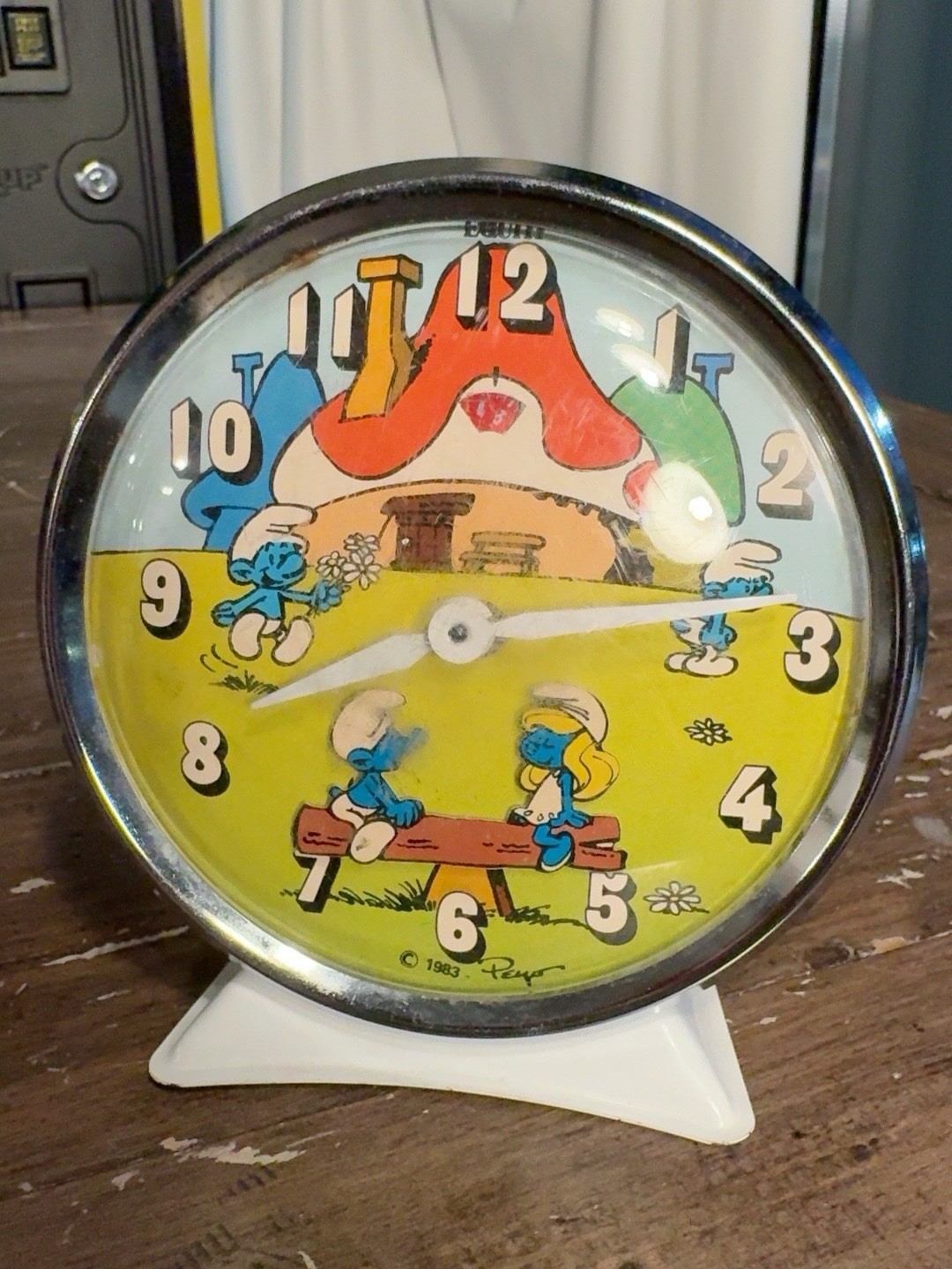 Vintage 1983 Smurfs Equity Animated Wind Up Alarm Clock Peyo Smurfette Seesaw