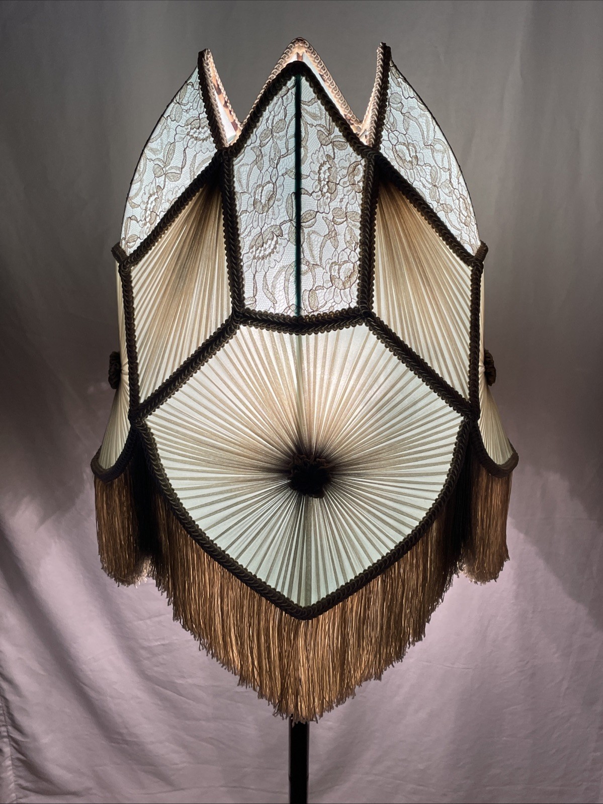 ANTIQUE Vtg Victorian Art Deco LARGE Lamp Shade Blue Lace Fringe *STAINS, HOLES