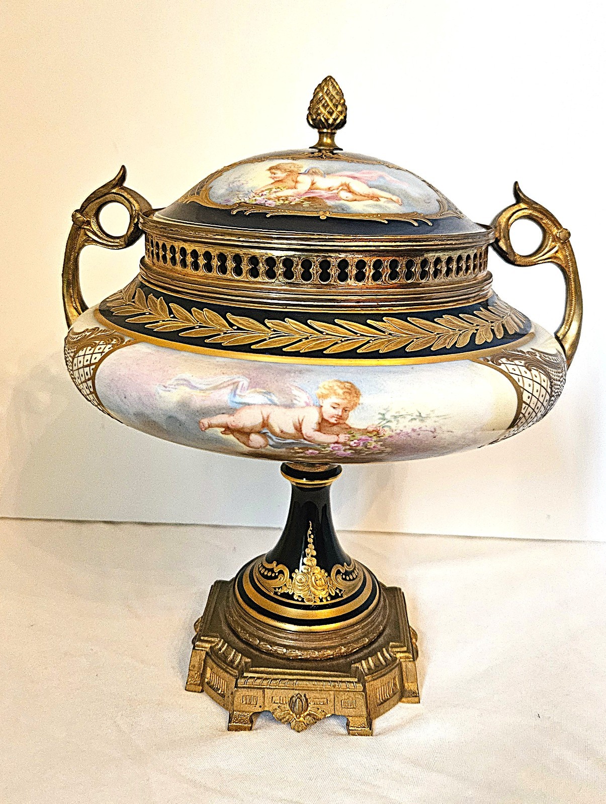 Sevres of France Porcelain and Bronze Lidded Urn Hand Painted by Collot RARE