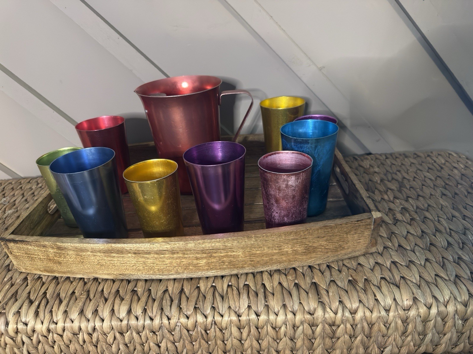 Vintage MCM Anodized Aluminum Pitcher Tumblers Set Multicolor Jewel Tone Cups