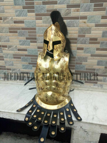 Antique Medieval W/ Black Plume Helme Christmas Roman Muscle Armor Jacket Brass