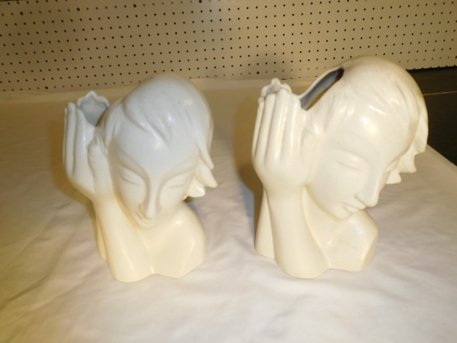Pair Vintage made Japan Woman Hands Up Crackled White Ceramic Planters Bookends Pair Vintage made Japan Woman Hands Up Crackled White Ceramic Planters Bookends