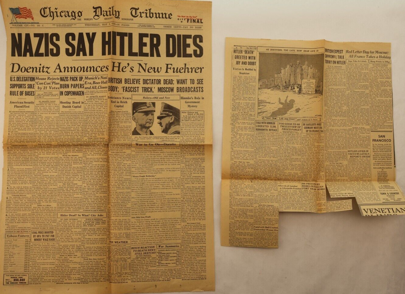 Chicago Daily Tribune 'Nazis Say Hitler Dies' vintage News Article 5/2/1945
