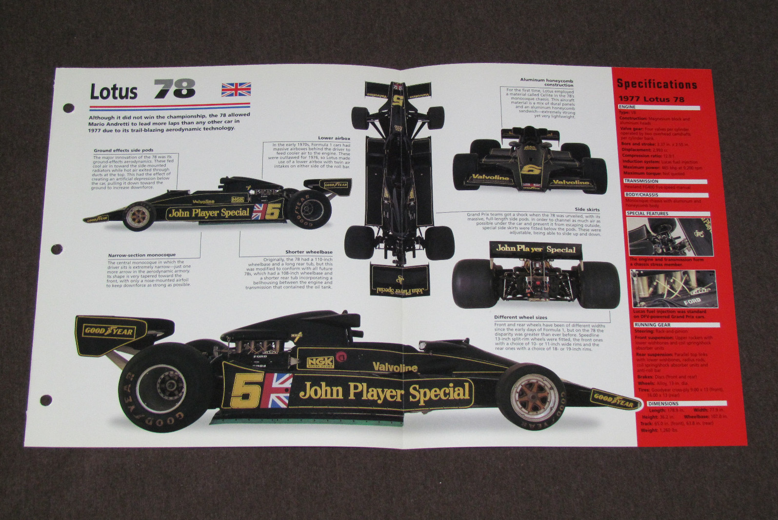 1977-1978 LOTUS 78 Andretti F1 RACE CAR SPEC SHEET BROCHURE PHOTO BOOKLET