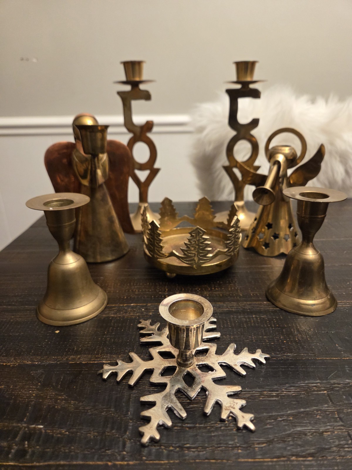  8 VTG Brass And Copper Angel Candle Holders JOY, BELL,TREE,SNOWFLAKE LOT