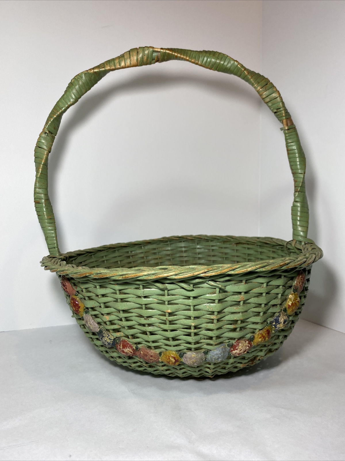 Vintage Woven Green basket Spiral Handle 13.5” Tall Hand painted Flower Garland