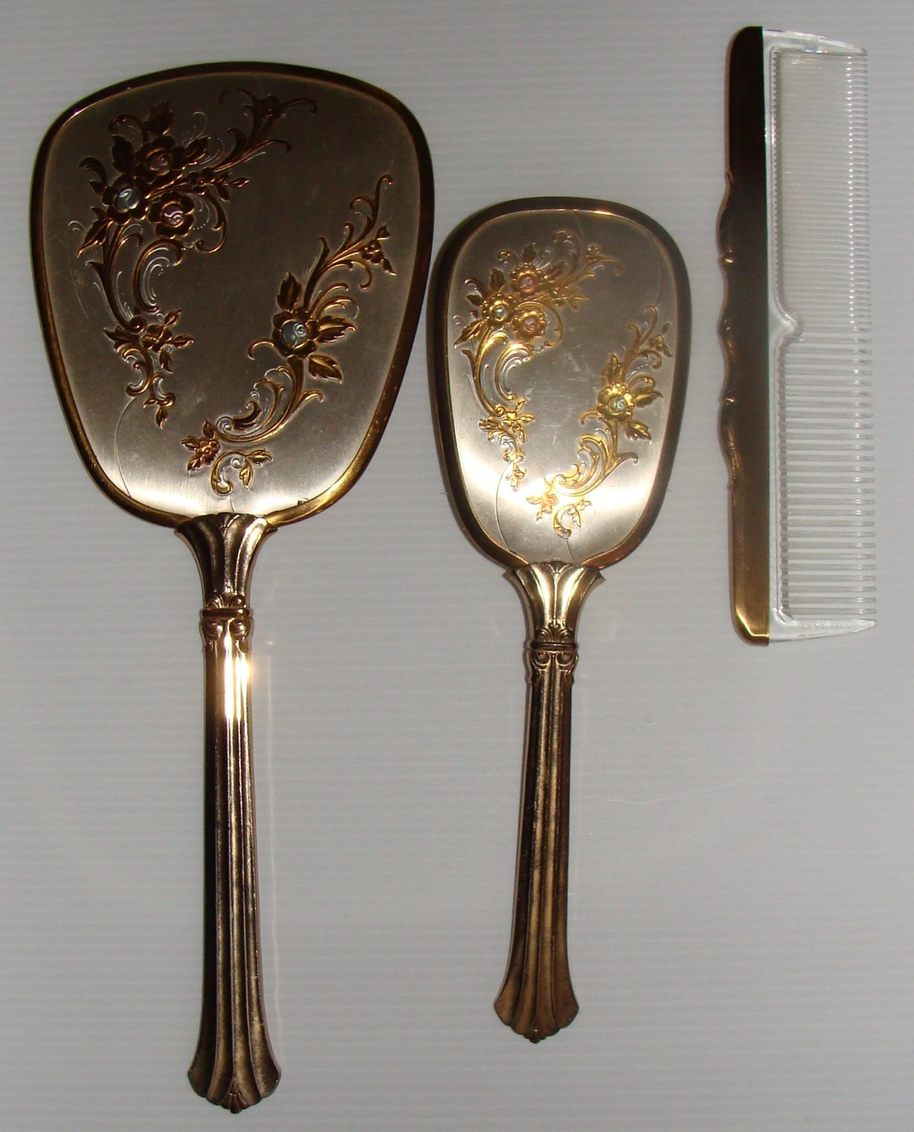 Vintage Mirror, Brush & Comb Set, Gold Plated Vintage Mirror, Brush & Comb Set, Gold Plated