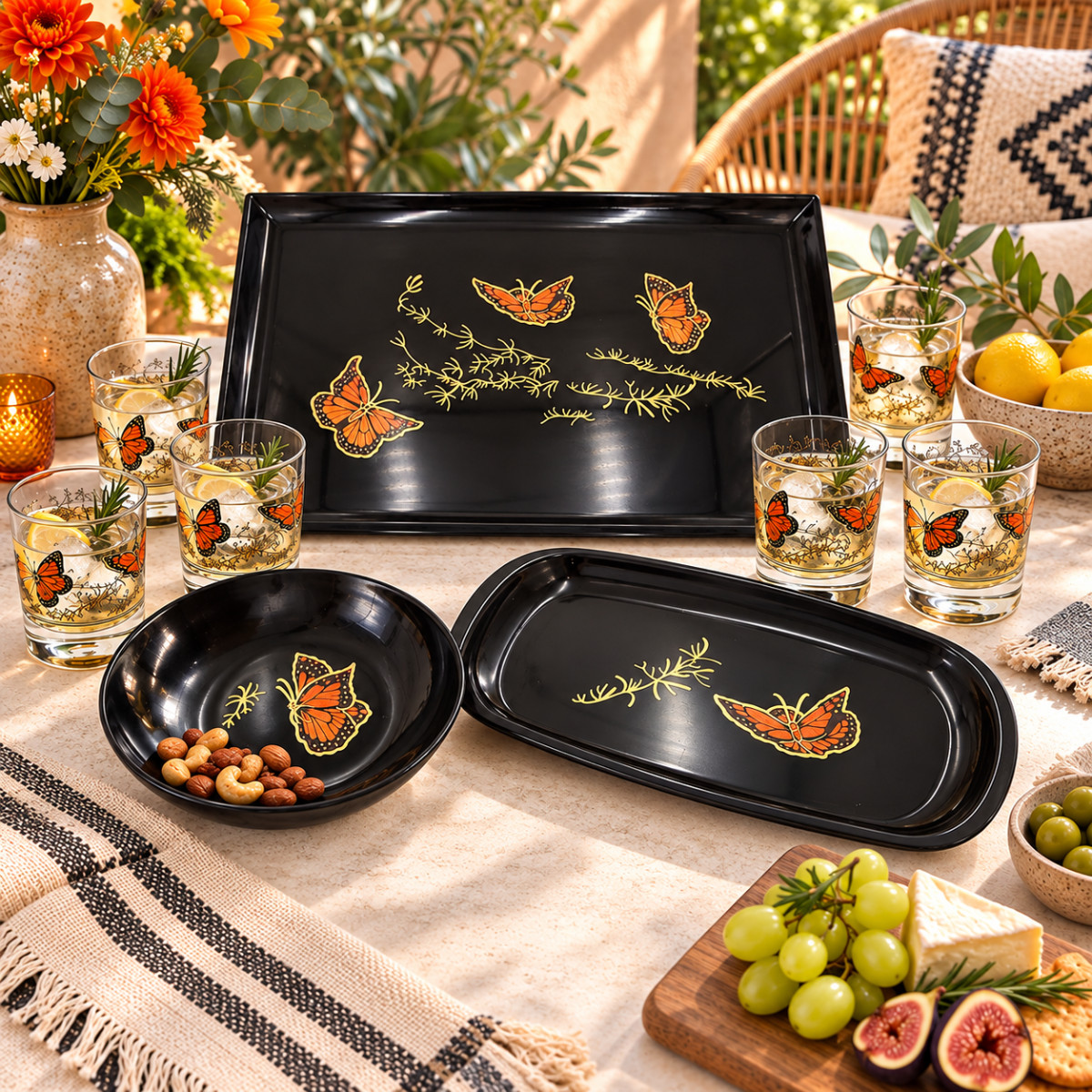 Rare Couroc Monarch Butterfly Serving Set NOS Glasses Trays Bowl Circa 1960s Rare Couroc Monarch Butterfly Serving Set NOS Glasses Trays Bowl Circa 1960s