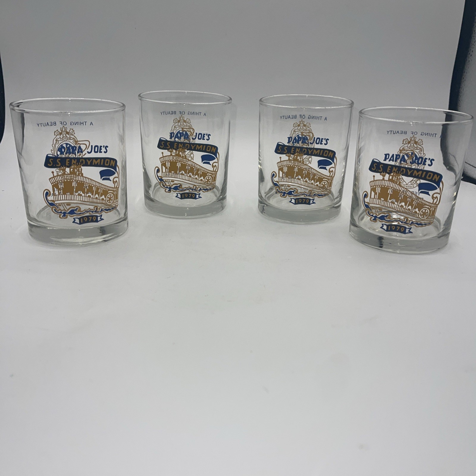 Krewe Of Endymion 1979 Papa Joe\'s SS Endymion Glass Mardi Gras Set Of 4 Krewe Of Endymion 1979 Papa Joe\'s SS Endymion Glass Mardi Gras Set Of 4