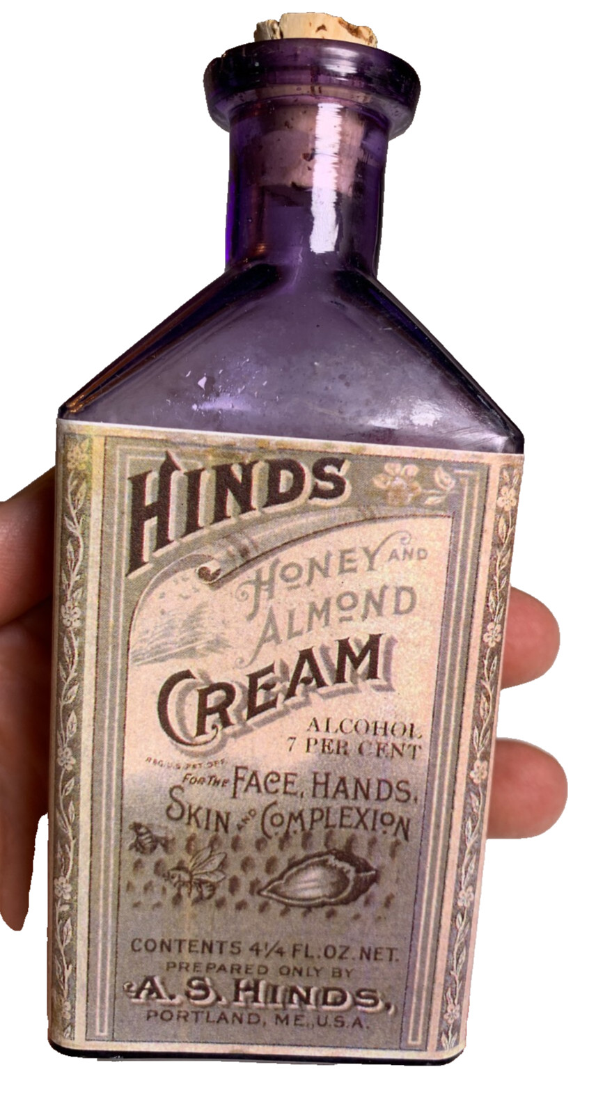 PURPLE Antique HIND\'S HONEY ALMOND CREAM Bottle EMBOSSED Labeled PORTLAND MAINE PURPLE Antique HIND\'S HONEY ALMOND CREAM Bottle EMBOSSED Labeled PORTLAND MAINE