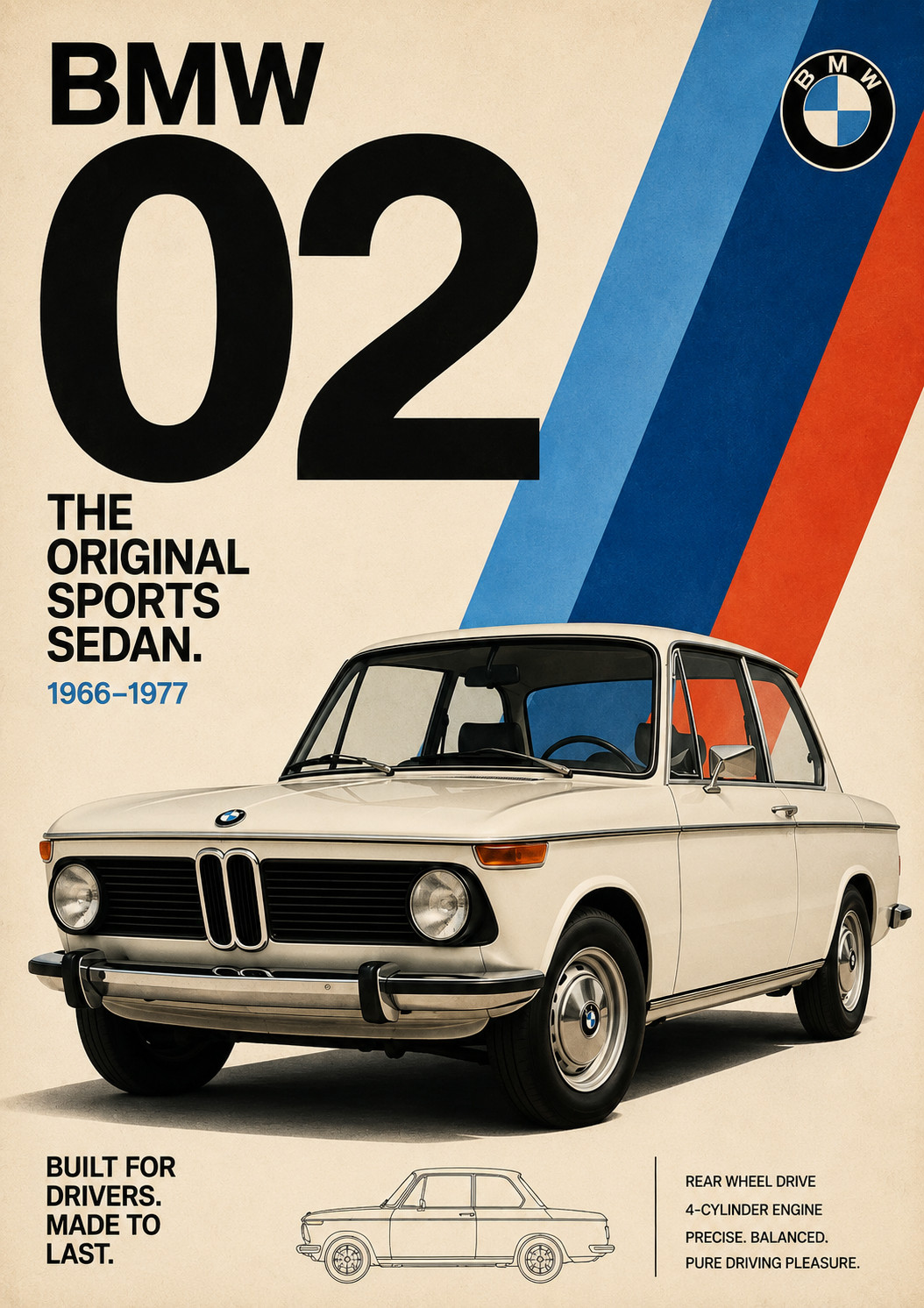 Vintage BMW 02 Sports Sedan – 1966-1977 Classic German Car Repro Poster 13x19