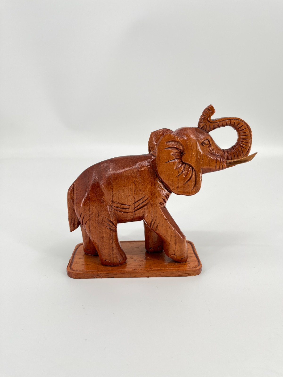 Vintage Hand Carved Wooden Elephant Statue Trunk Up Lucky Figurine Art Decor