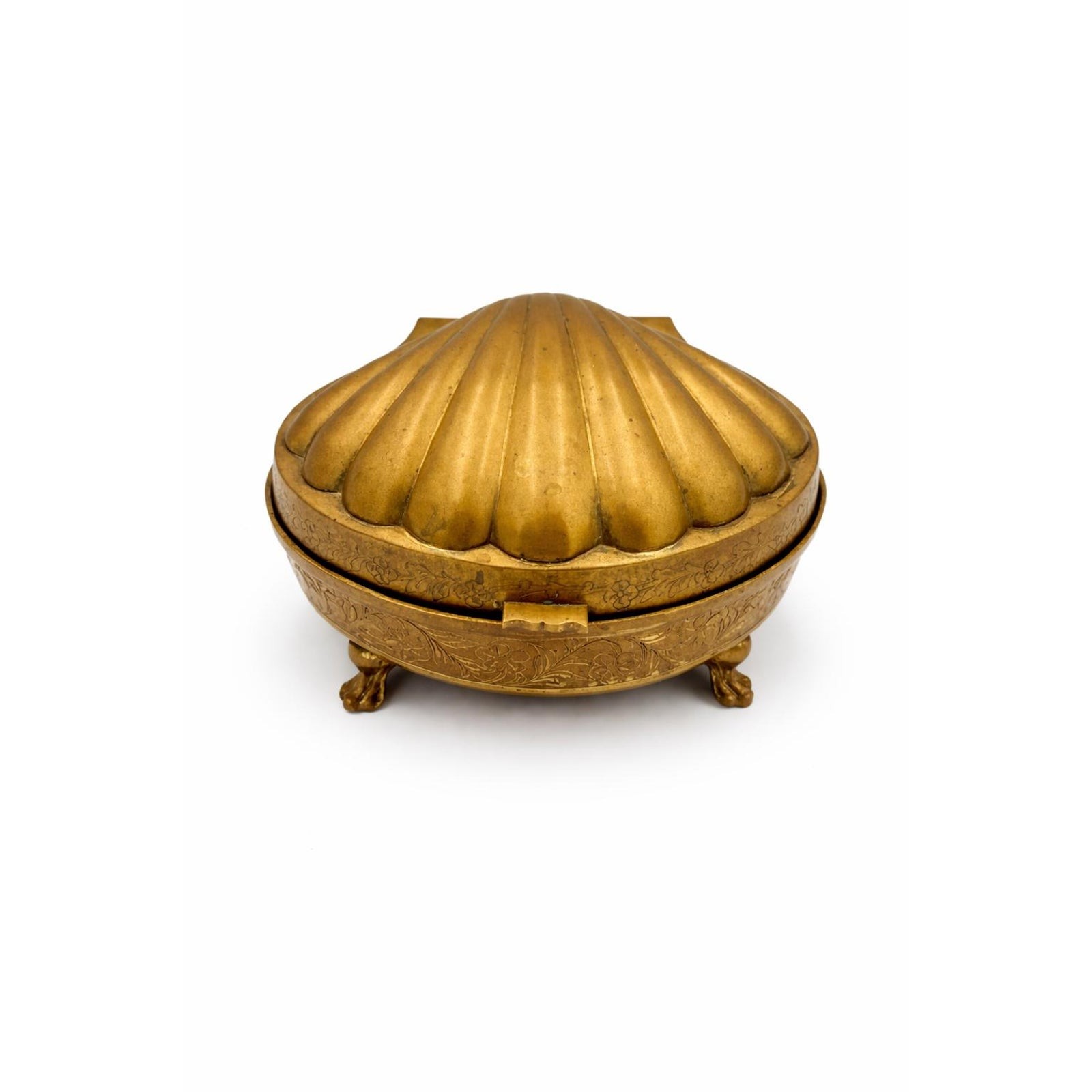 Vintage Solid Brass Scallop Shell Jewelry Box Engraved Floral Velvet Lined 6 lb